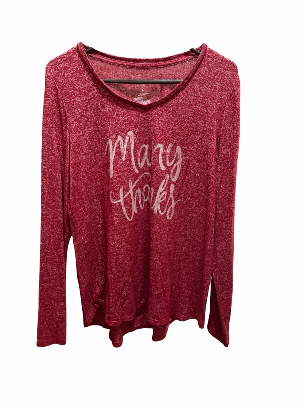 Sonoma Red Long-Sleeve Scoop Neck Top with 'Many Thanks' Script